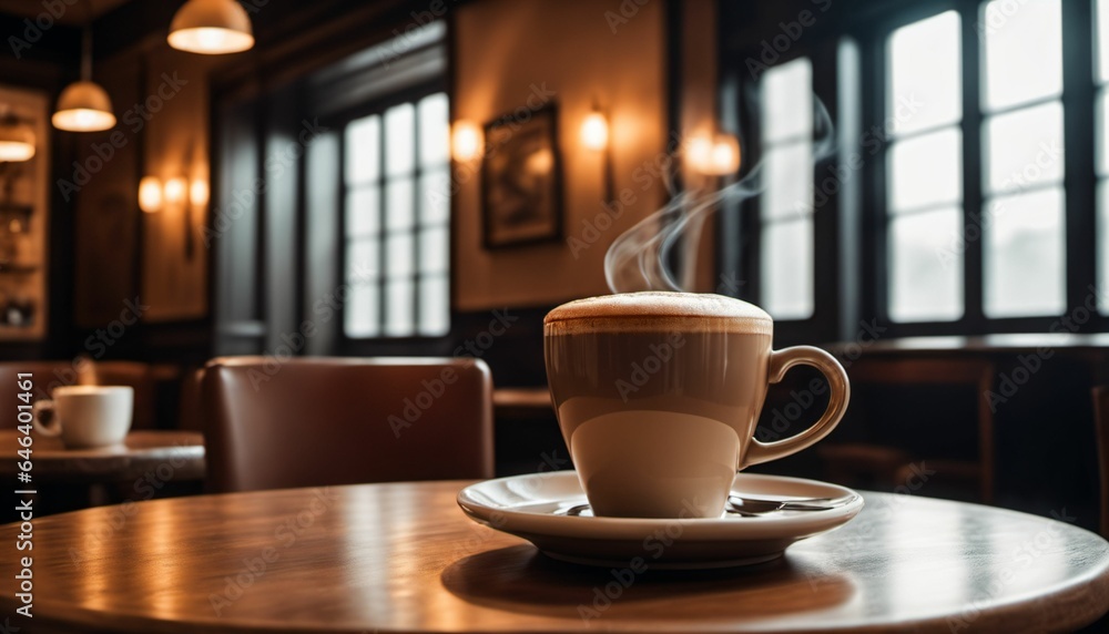 Fototapeta premium cup of hot coffee with cozy coffeehouse restaurant background, created using AI generative technology