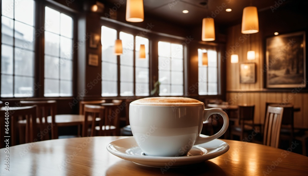 Obraz premium cup of hot coffee with cozy coffeehouse restaurant background, created using AI generative technology