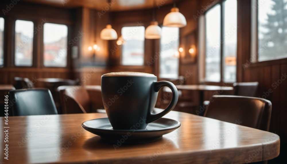 Fototapeta premium cup of hot coffee with cozy coffeehouse restaurant background, created using AI generative technology