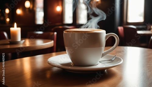 cup of hot coffee with cozy coffeehouse restaurant background, created using AI generative technology