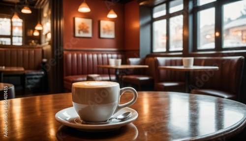 Wallpaper Mural cup of hot coffee with cozy coffeehouse restaurant background, created using AI generative technology Torontodigital.ca