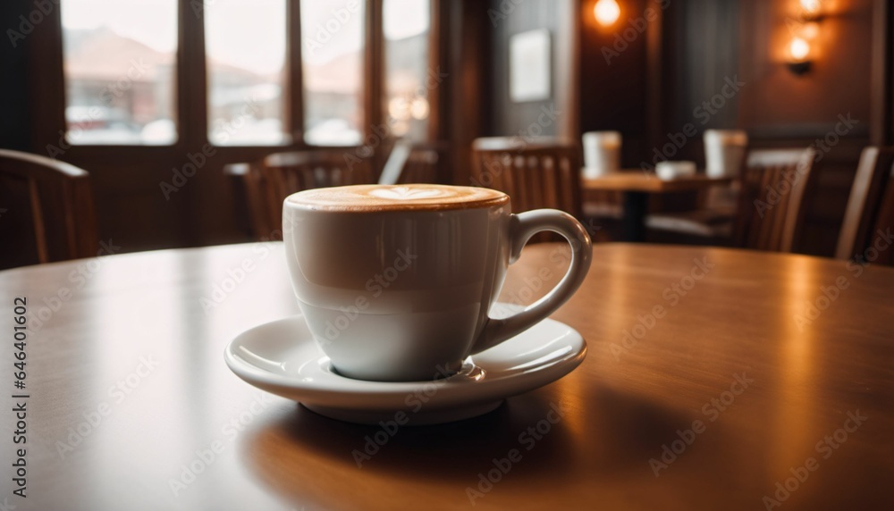 cup of hot coffee with cozy coffeehouse restaurant background, created using AI generative technology cup of hot coffee with cozy coffeehouse restaurant background, created using AI generative technology