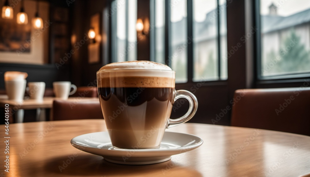 cup of hot coffee with cozy coffeehouse restaurant background, created using AI generative technology cup of hot coffee with cozy coffeehouse restaurant background, created using AI generative technology