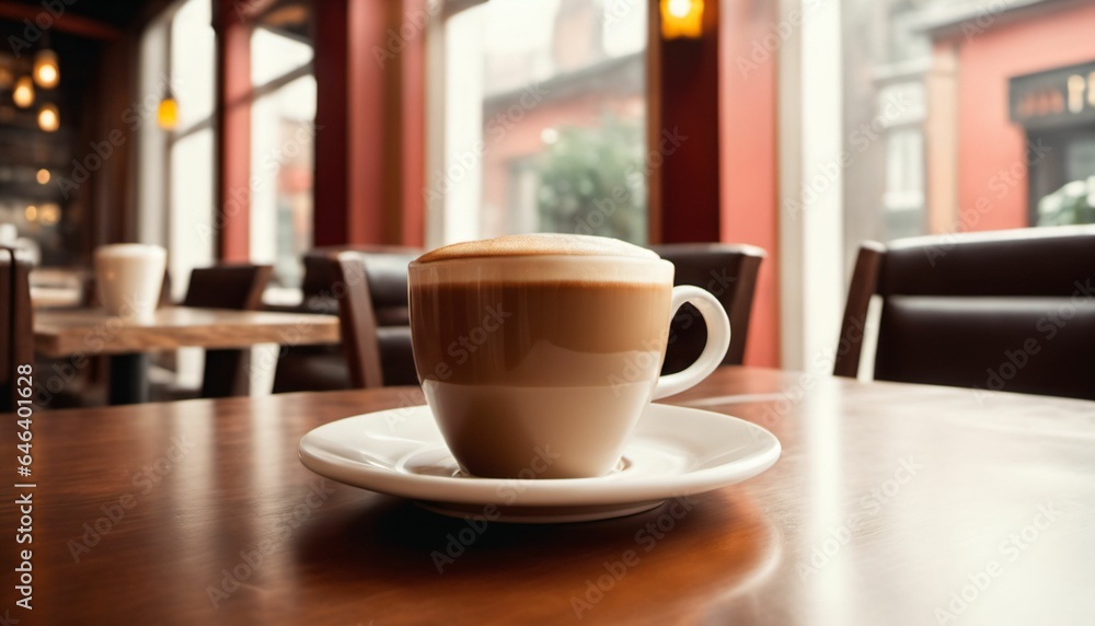 cup of hot coffee with cozy coffeehouse restaurant background, created using AI generative technology cup of hot coffee with cozy coffeehouse restaurant background, created using AI generative technology