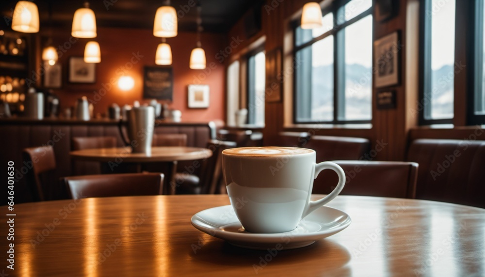 cup of hot coffee with cozy coffeehouse restaurant background, created using AI generative technology cup of hot coffee with cozy coffeehouse restaurant background, created using AI generative technology