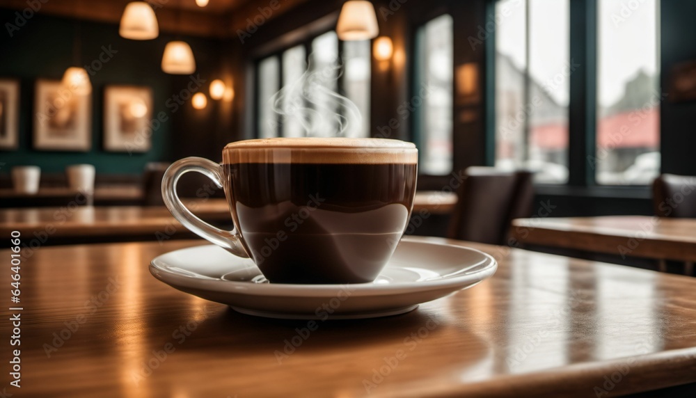 cup of hot coffee with cozy coffeehouse restaurant background, created using AI generative technology cup of hot coffee with cozy coffeehouse restaurant background, created using AI generative technology