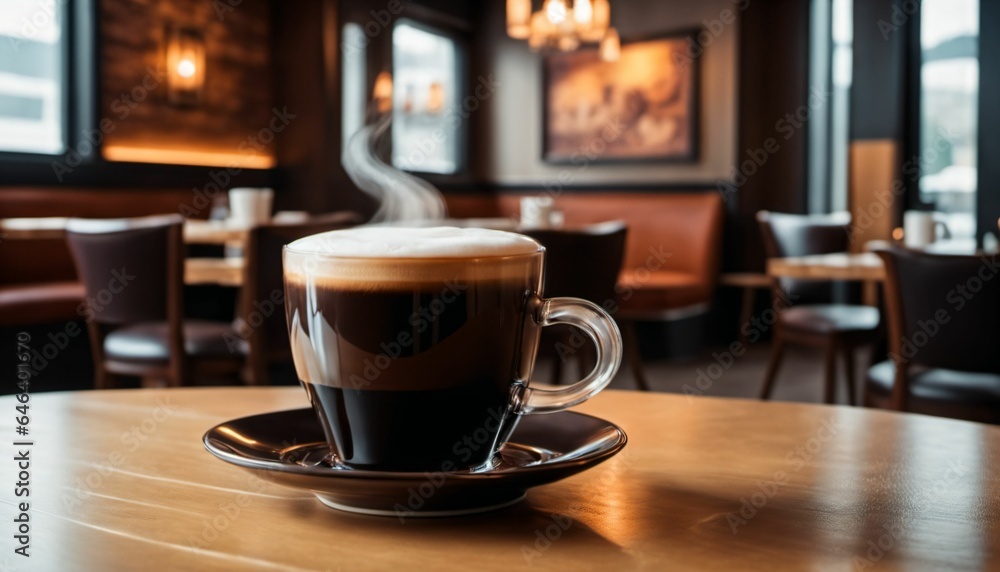 Obraz premium cup of hot coffee with cozy coffeehouse restaurant background, created using AI generative technology