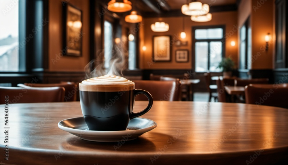 cup of hot coffee with cozy coffeehouse restaurant background, created using AI generative technology cup of hot coffee with cozy coffeehouse restaurant background, created using AI generative technology