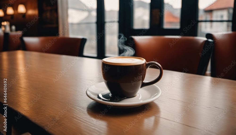 cup of hot coffee with cozy coffeehouse restaurant background, created using AI generative technology cup of hot coffee with cozy coffeehouse restaurant background, created using AI generative technology