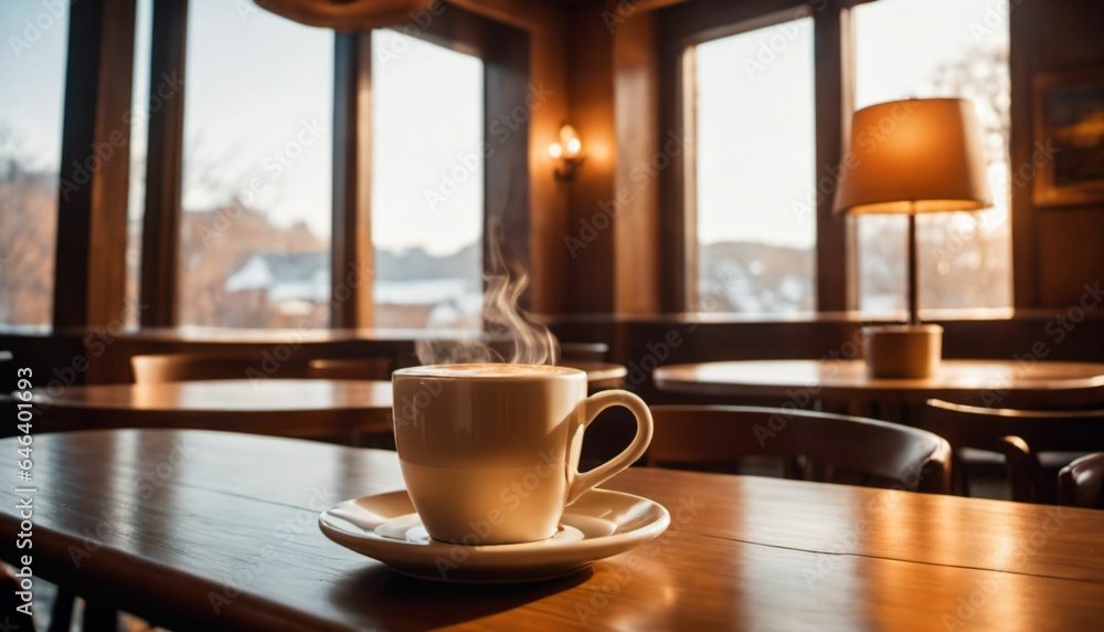cup of hot coffee with cozy coffeehouse restaurant background, created using AI generative technology cup of hot coffee with cozy coffeehouse restaurant background, created using AI generative technology