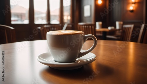 cup of hot coffee with cozy coffeehouse restaurant background  created using AI generative technology