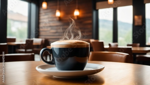 cup of hot coffee with cozy coffeehouse restaurant background, created using AI generative technology