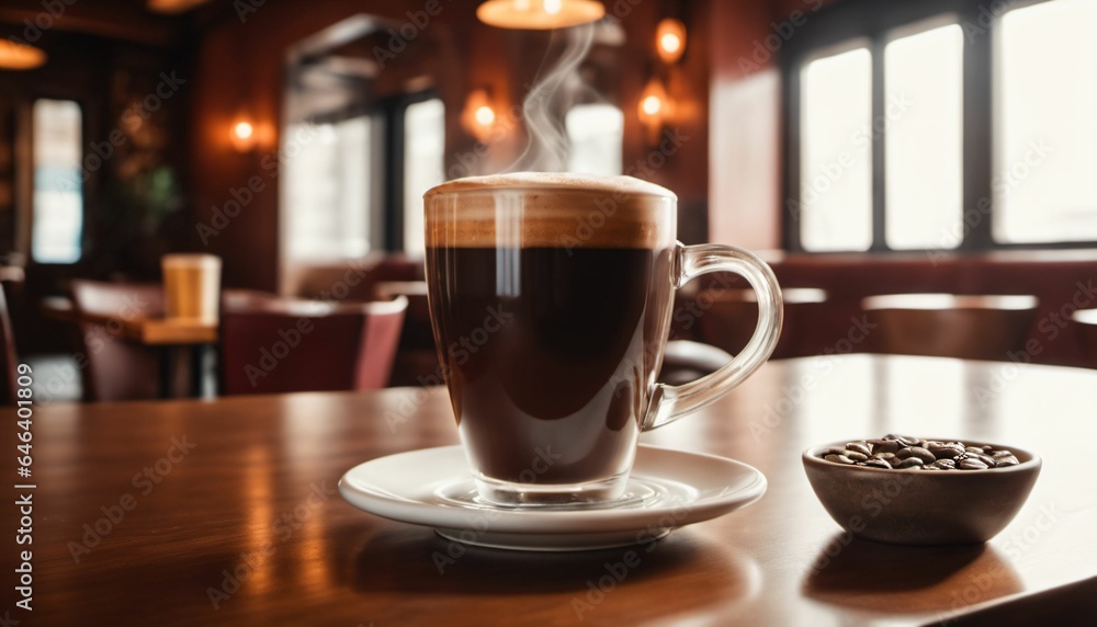 cup of hot coffee with cozy coffeehouse restaurant background, created using AI generative technology cup of hot coffee with cozy coffeehouse restaurant background, created using AI generative technology