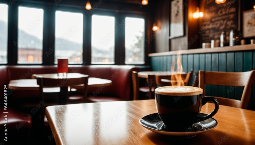 cup of hot coffee with cozy coffeehouse restaurant background, created using AI generative technology cup of hot coffee with cozy coffeehouse restaurant background, created using AI generative technology