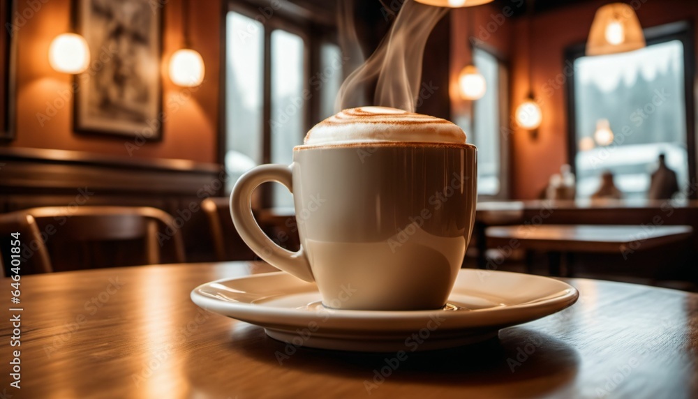 cup of hot coffee with cozy coffeehouse restaurant background, created using AI generative technology cup of hot coffee with cozy coffeehouse restaurant background, created using AI generative technology