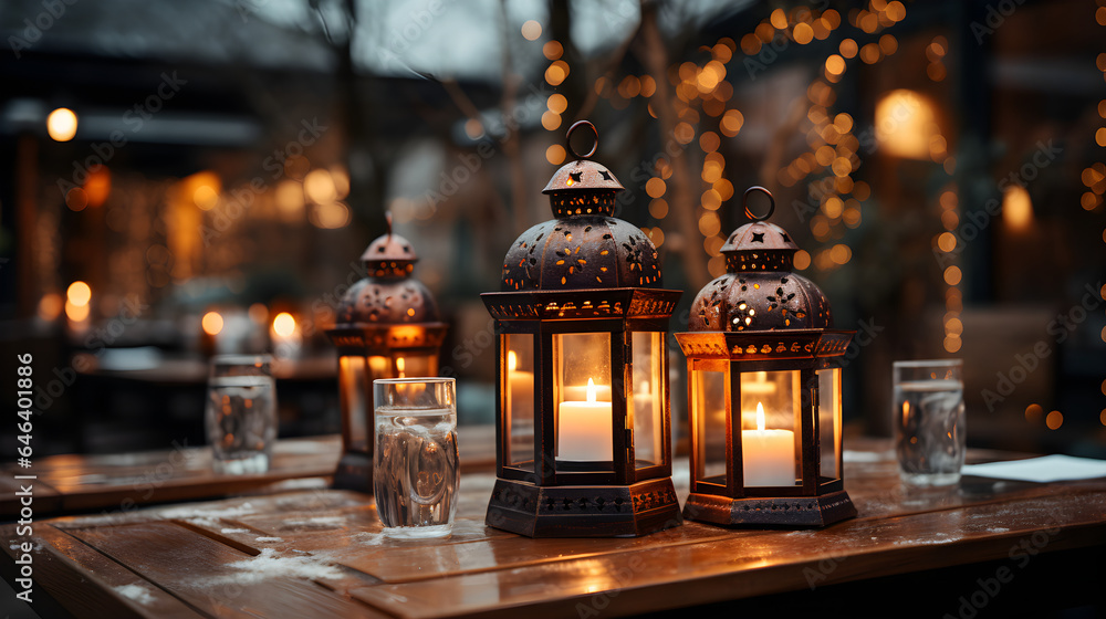 Lanterns on restaurant tables in winter
