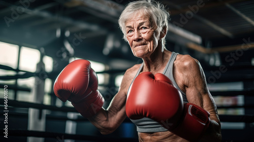 Senior woman exhibiting strength and resilience as a boxer © arhendrix