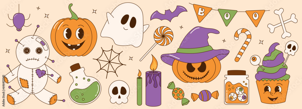 Groovy retro halloween sticker set. Trendy retro cartoon style. Comic cartoon characters and halloween elements. Groovy retro halloween sticker set. Trendy retro cartoon style. Comic cartoon characters and halloween elements.