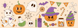 Groovy retro halloween sticker set. Trendy retro cartoon style. Comic cartoon characters and halloween elements.