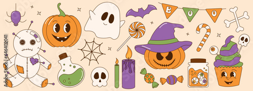 Groovy retro halloween sticker set. Trendy retro cartoon style. Comic cartoon characters and halloween elements.