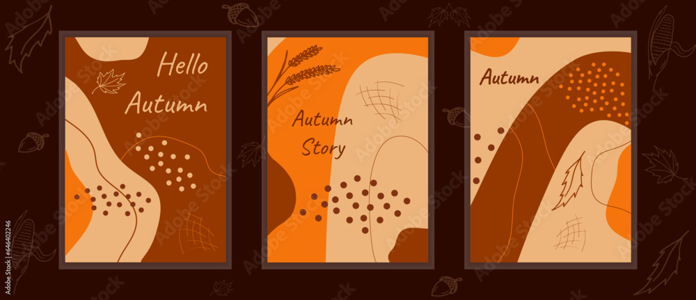 Vector set autumn backgrounds. Abstract posters with orange brown autumn colors. Boho style posters.