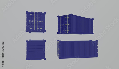 Blue container Cut the white background for easy use.Blue Shipping Cargo Container Twenty feet. for Logistics and Transportation. Set of Front, back, side and perspective views. 3d Renderign Isolated  photo