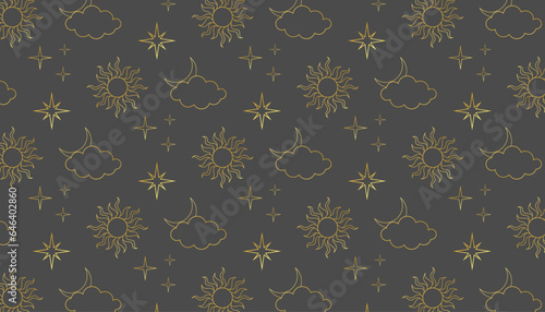 seamless vector pattern with sun, moon and stars. goldren metallic magic halloween pattern. astrology, numerology, horoscope, tarot, magic, palmistry gray background