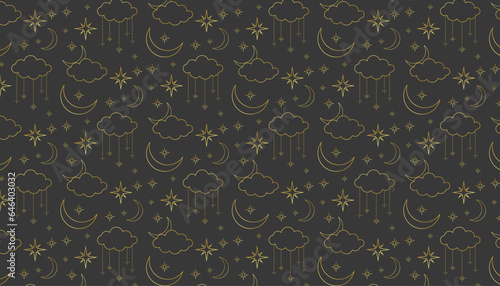 goldren metallic line art seamless vector pattern with sun, moon and stars. night sky space repeating pattern on gray background. astrology, numerology, tarot, horoscope, magic, witch, halloween