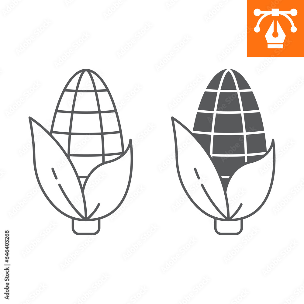 Corn line and solid icon, outline style icon for web site or mobile app, thanksgiving and vegetables, corncob vector icon, simple vector illustration, vector graphics with editable strokes. Corn line and solid icon, outline style icon for web site or mobile app, thanksgiving and vegetables, corncob vector icon, simple vector illustration, vector graphics with editable strokes.