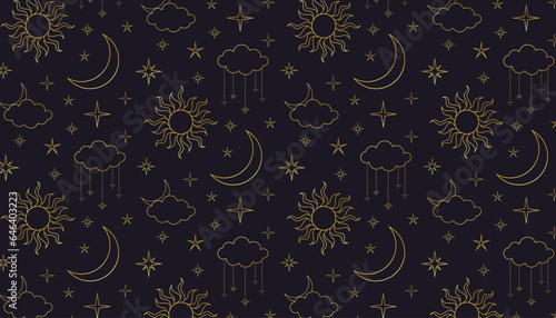 seamless vector pattern with sun, moon and stars on dark background. golden metallic shiny line art pattern with night sky. astrology, halloween, magic, numerology, tarot, palmistry, witch pattern