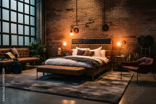 Vintage bedroom with brick wall - bed in industrial loft. Generative AI © Nalani
