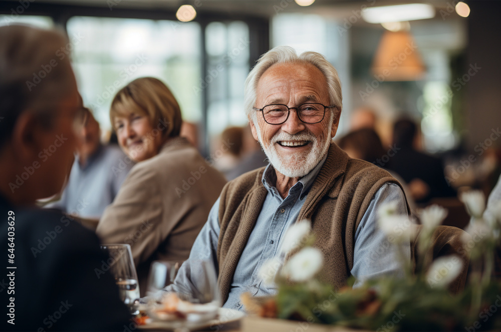 Beautiful senior couple sitting at a table in a restaurant, talking and smiling