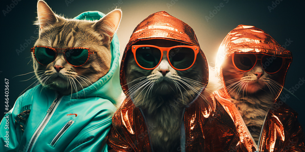 Portrait of Three Cats in Hoodies and Sunglasses: The Ultimate Feline Swag Concept. Surreal  models