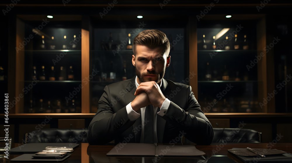 Business man thinking about a difficult and very important deciision he has to make in his office in the city at night, evening, business, businessman, think, boss, highpay job, leader, ceo