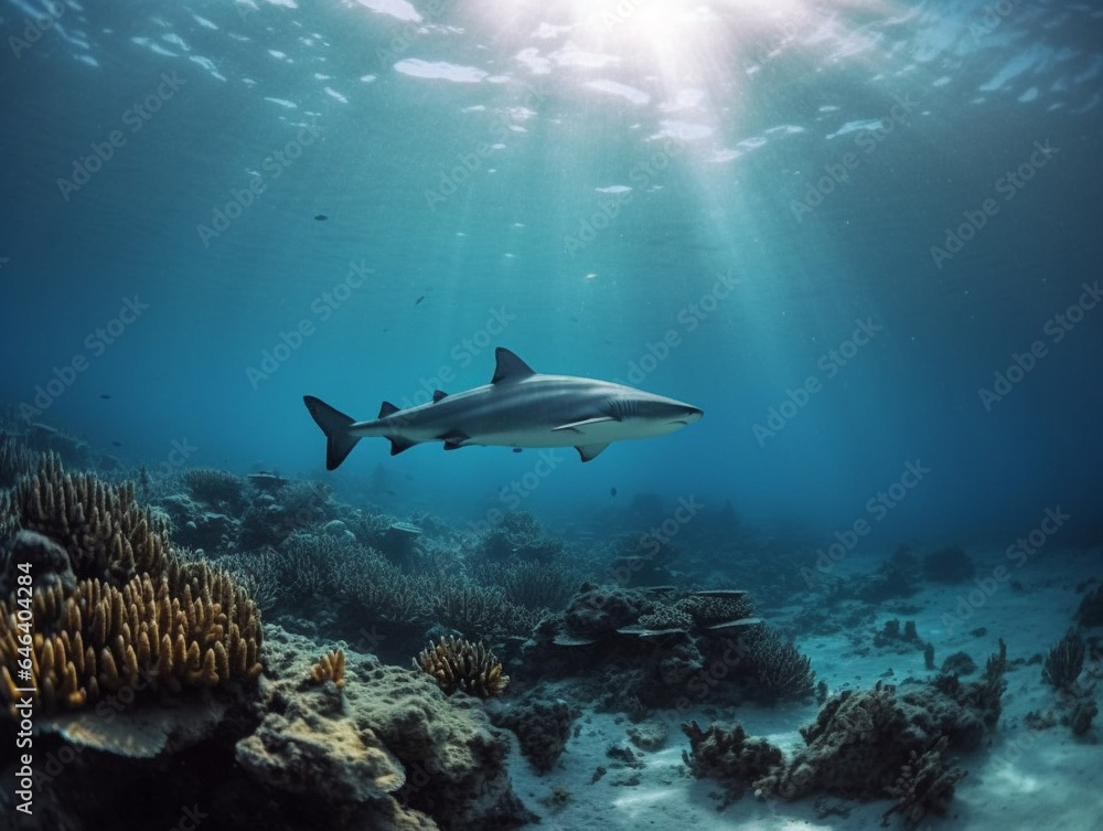 Shark Swimming Under Water Coral Reefs Marine Life Creatures Nature Animal Conservation Ecology Ecosystem Ecofriendly Endangered Species Ultra Wide Shot Shark Swimming Under Water Coral Reefs Marine Life Creatures Nature Animal Conservation Ecology Ecosystem Ecofriendly Endangered Species Ultra Wide Shot