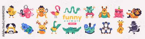 Cute cartoon animals set. Vector illustration eps10. Funny colorful characters. Different emotions. Simple flat design. Stickers. Monkey  lion  panda  pig  frog  hare  raccoon  koala  seal. Isolated.