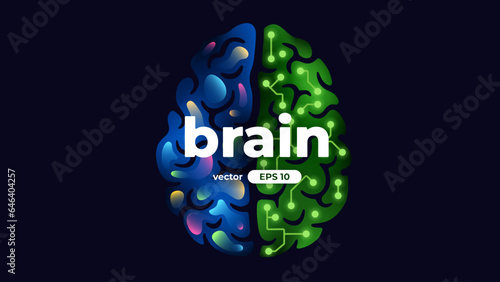 Human brain. Left and right cerebral hemispheres, two parts concept. Creative part and logic, analytical part. Sciences and art. 3d template. Vibrant colors. Microchip. Vector illustration eps10.