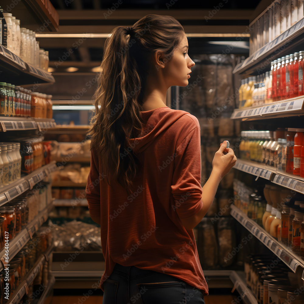 Girl standing in Grocery store looking at different items and products, shopping, gocery, supermarket, beautiful girl, customer
