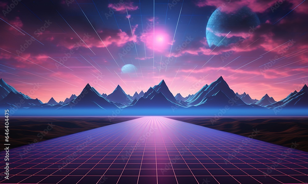 80s retro scene with solarizing master style, desert waves, horizon ...