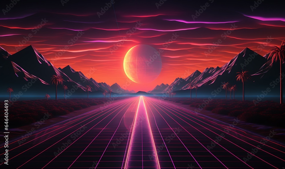 80s retro scene with solarizing master style, desert waves, horizon ...