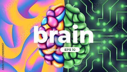 Human brain. Left and right cerebral hemispheres, two parts concept. Creative part and logic, analytical part. Sciences and art. 3d template. Vibrant colors. Microchip. Vector illustration eps10.