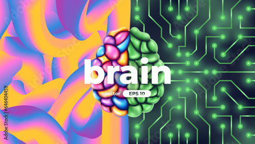 Human brain. Left and right cerebral hemispheres, two parts concept. Creative part and logic, analytical part. Sciences and art. 3d template. Vibrant colors. Microchip. Vector illustration eps10.