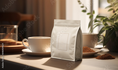 white coffee foil bag packaging design photoshop mockup in a coffee house or coffee shop with a coffee cup on the table photo
