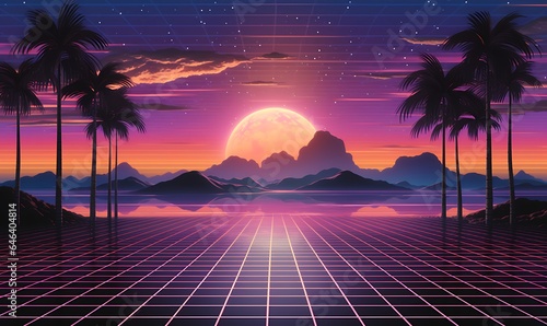 80s retro scene with solarizing master style, desert waves, horizon, god rays, cypherpunk 