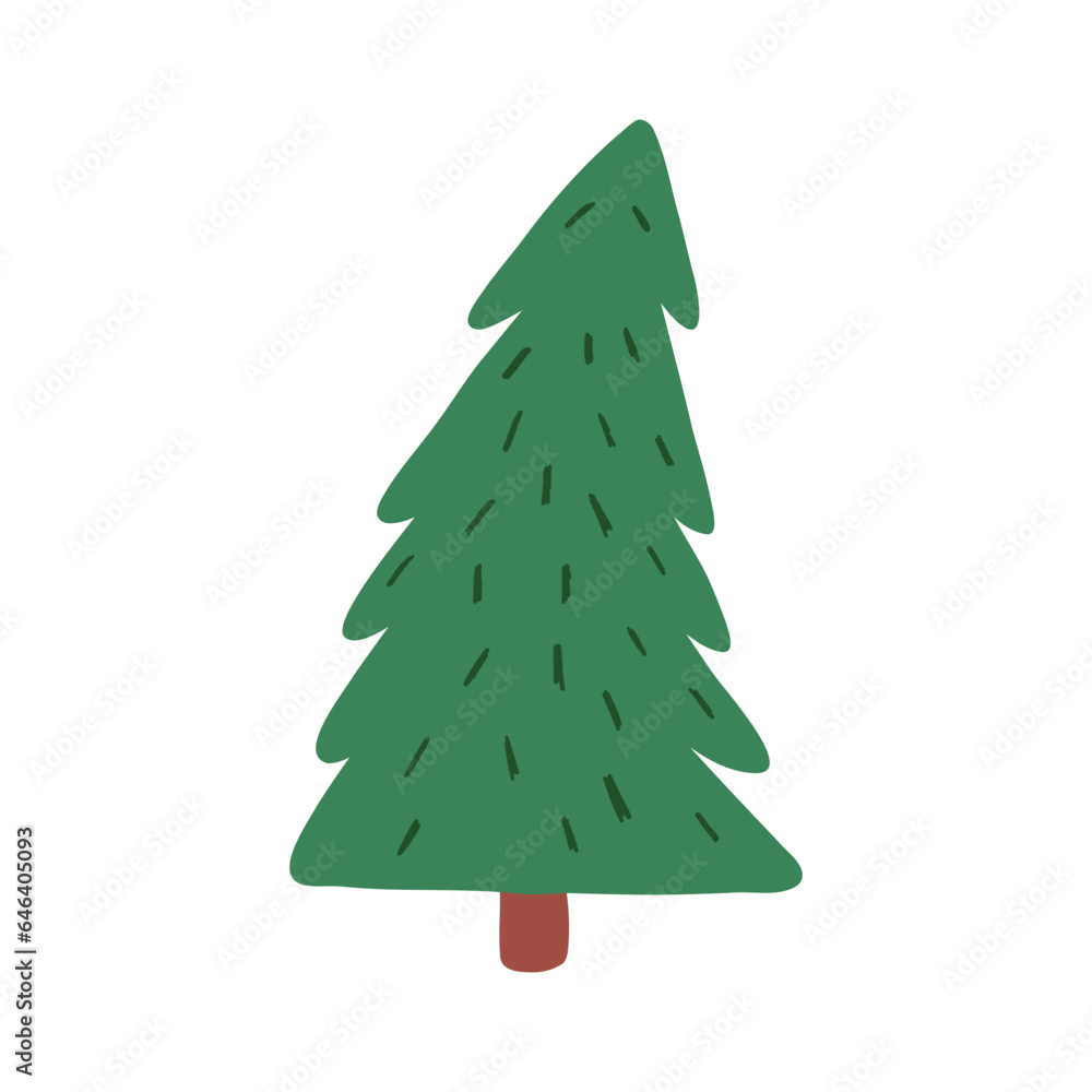 Cute fir tree, hand drawn flat vector illustration isolated on white