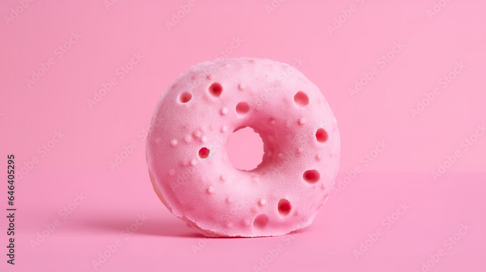 Bitten pink icing donut with marshmallows on pink background, AI Generated Bitten pink icing donut with marshmallows on pink background, AI Generated