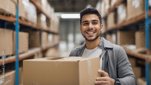 Man standing in warehouse with a box.