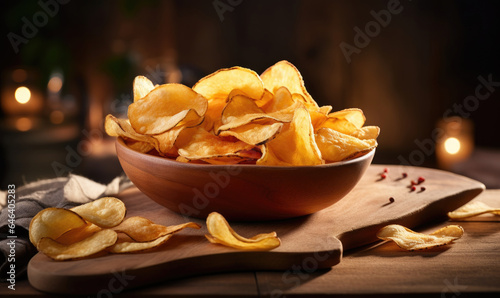 Golden potato chips in a wooden bowl.