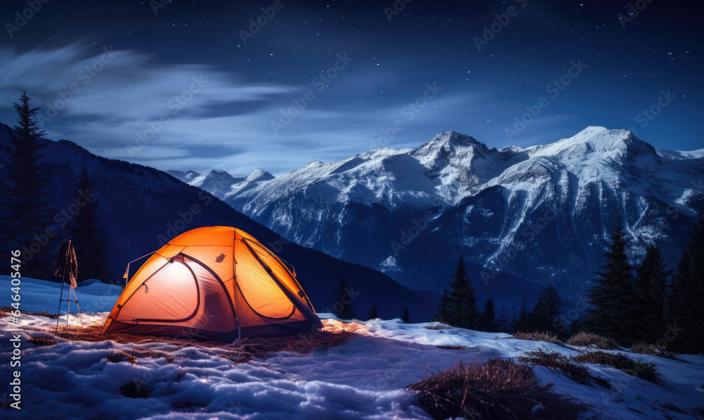 Illuminated tent in snowy mountains under a starry sky.