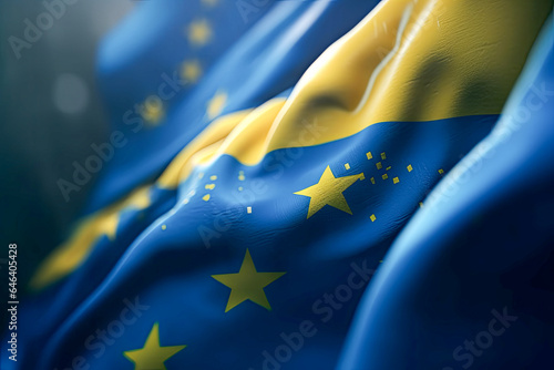 Blue and Yellow 3D Render Minimalist Ukrain flag bokeh background with minimalist symbol, Generative AI.